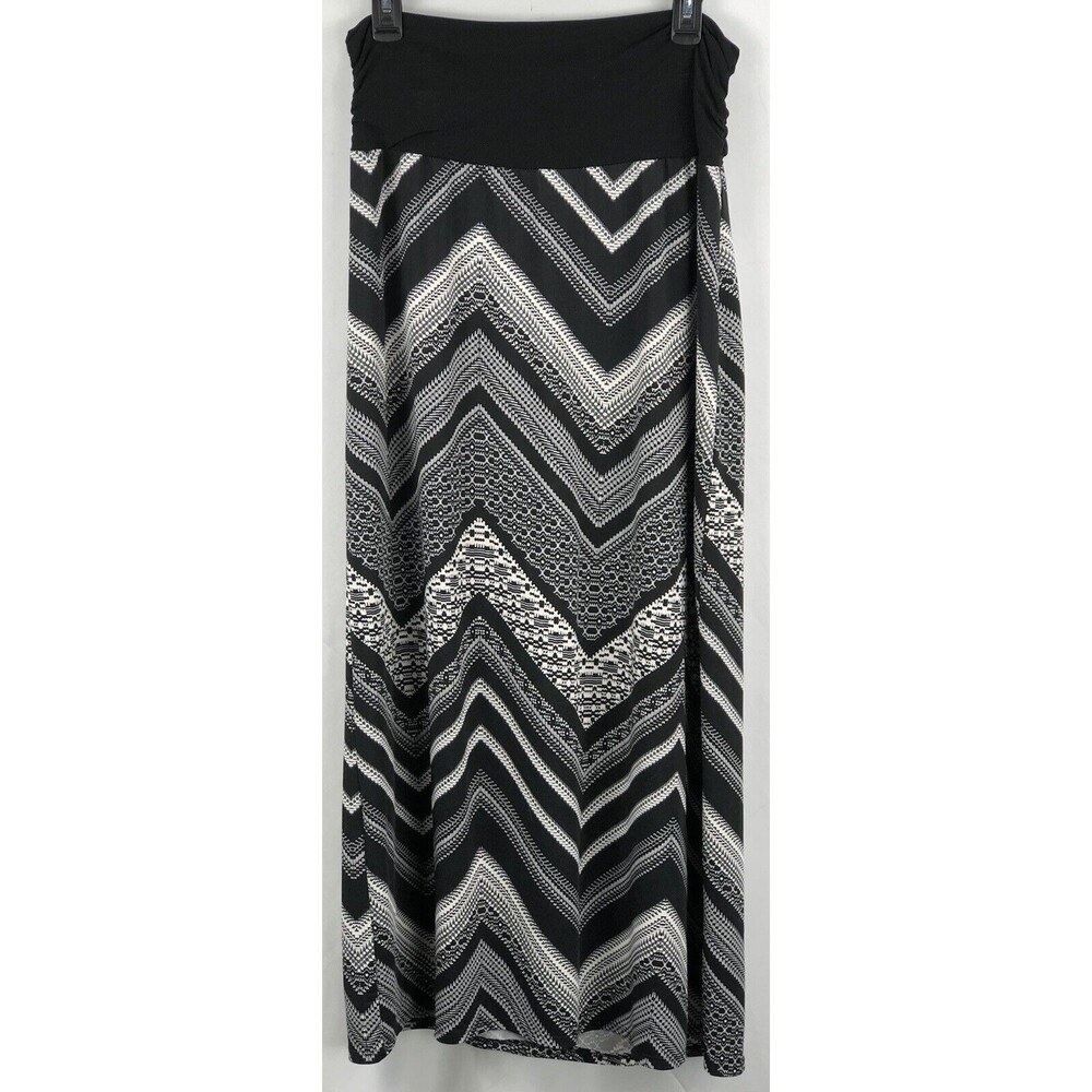 Vintage Maxi Skirt L Blk/Wht Chevron Ruched 30” Waist Funky Boho Hippie Aztec
